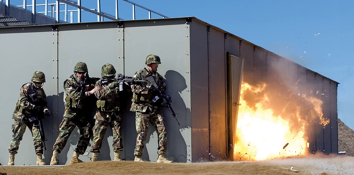 MATCH™ (Modular Armored Tactical Combat House) Live-fire, 360 degree ballistically safe shoot house designed for teaching and observing close-quarter combat skills.