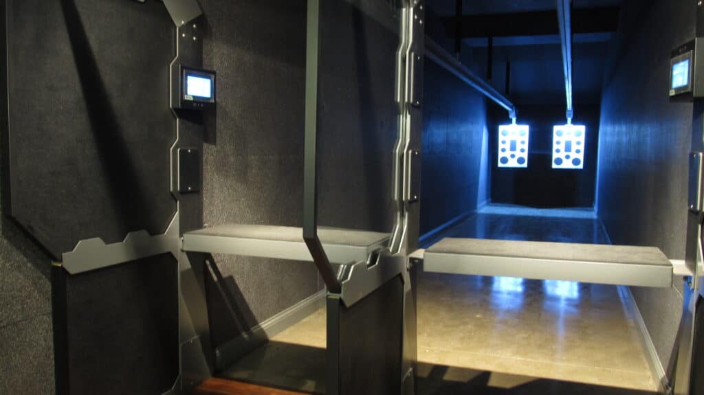 Private home gun range with ballistic shooting stalls and target retriever