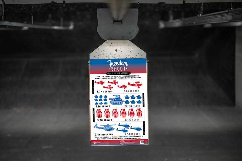 Freedom Shoot paper target hanging in indoor shooting range lane