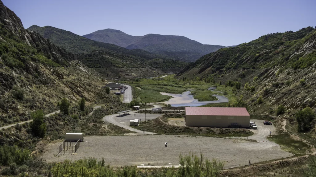 Overlook of an outdoor, 10-bay shooting range in Thistle, UT.