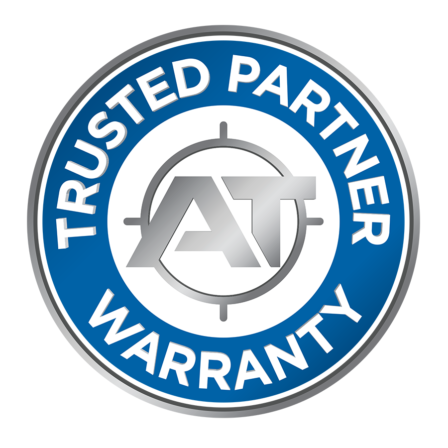 Action Target Trusted Partner Warranty logo with blue circular border and AT initials in center crosshair.