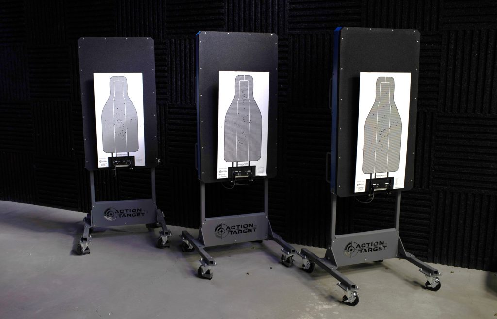 Three portable bullet traps with auto targets